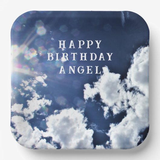 Himmlische Wolken "Happy Birthday" "Angel" Pappteller (Vorderseite)