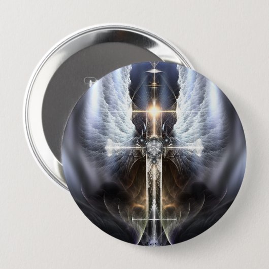 Himmlischer Angel Wing Cross Fraktal Art Button (Vorne & Hinten)