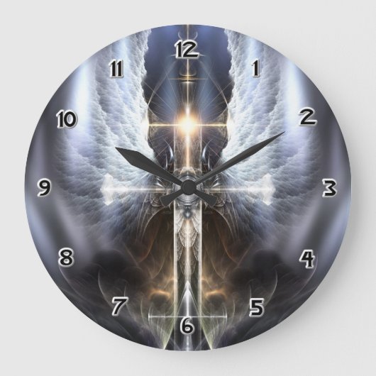 Himmlischer Angel Wing Cross Fraktal Art Clock Große Wanduhr (Vorderseite)