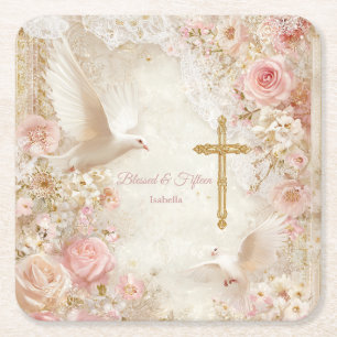 Himmlischer Blush & Gold Quinceañera, individuell Rechteckiger Pappuntersetzer