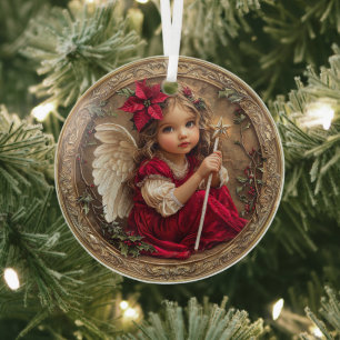 Himmlischer Bote mit Sternenstab und Poinsettie Ornament Aus Glas