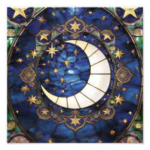 Himmlischer Halbmond-Ornament-Buntglas-Mond Fotodruck