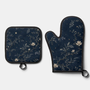 Himmlischer Mitternachtsgarten Floral Navy Ofenhandschuh & Topflappen-Set