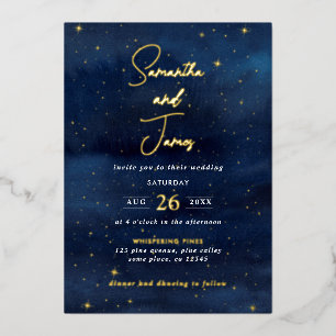 Himmlischer Nachthimmel Abendhochzeit Blau & Gold Folieneinladung