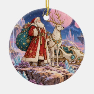 Himmlischer Sci-Fi-Weihnachtsmann und Rentier-Fant Keramik Ornament