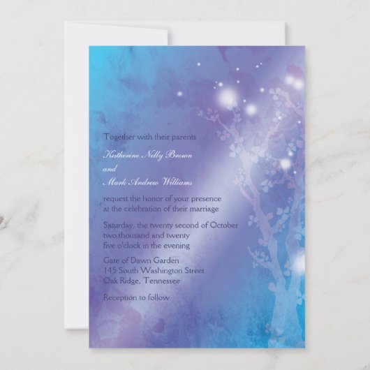 Himmlischer Wald schimmerend Blaue Hochzeit Einladung (Rückseite)