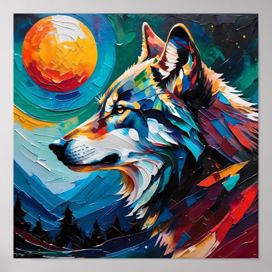 Himmlischer Wolf unter bemaltem Mond – Abstrakt Poster (Vorne)
