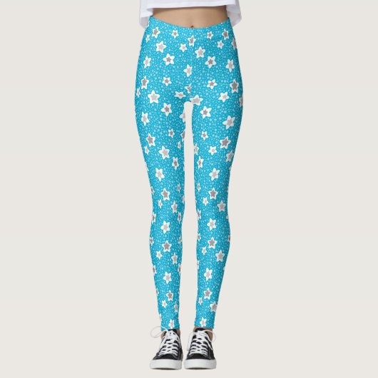 Himmlisches blaues Polka-Punkt-Retro mit Sternen Leggings (Vorderseite)