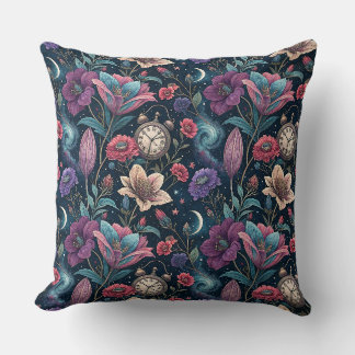 Himmlisches Blumen- und Vintage-Uhr-Nachtkunstmust Kissen