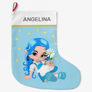 Himmlisches Feenmädchen & Sterne auf Hellblau Großer Weihnachtsstrumpf
