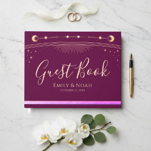 Himmlisches Fuchsia Gold Sonne Mond Sterne Hochzei Gästebuch