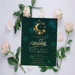 Himmlisches Gold Blumen Mond Sterne Hochzeit Grün Einladung