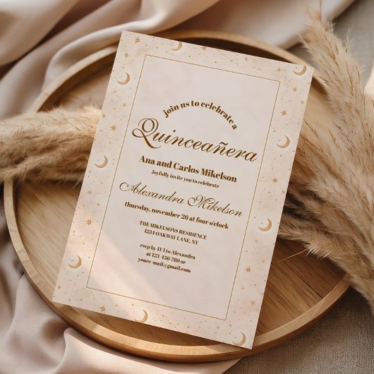 Himmlisches Gold Mond Quinceañera Einladung