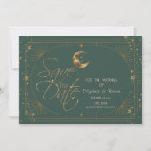 Himmlisches Gold Mond Sterne Rahmen Grün Save The Date (Vorderseite)