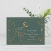 Himmlisches Gold Mond Sterne Rahmen Grün Save The Date (Stehend Vorderseite)
