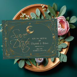 Himmlisches Gold Mond Sterne Rahmen Grün Save The Date