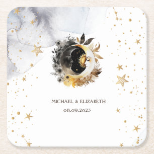 Himmlisches Gold Sonne,Mond,Sterne Blumen Rechteckiger Pappuntersetzer
