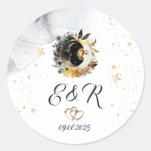Himmlisches Gold Sonne, Mond, Sterne Blumen Runder Aufkleber