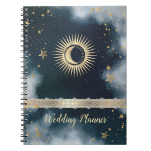 Himmlisches Gold Sonne, Mond, Sterne Nachthimmel  Notizblock