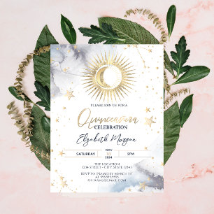 Himmlisches Gold Sonne,Mond,Sterne Quinceanera Einladung