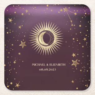 Himmlisches Gold Sonne und Mond Sterne Burgunderro Rechteckiger Pappuntersetzer