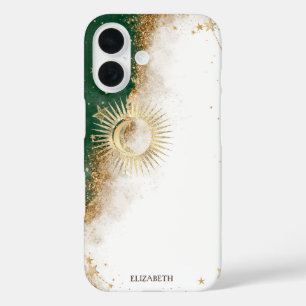 Himmlisches Gold Sonne und Mond Sterne Grün iPhone 16 Hülle