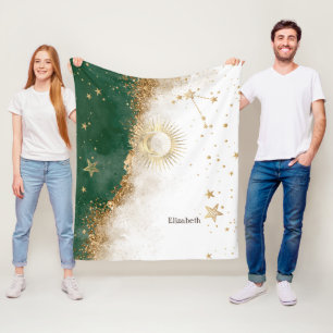 Himmlisches Gold Sonne und Mond Sterne Grün Fleecedecke