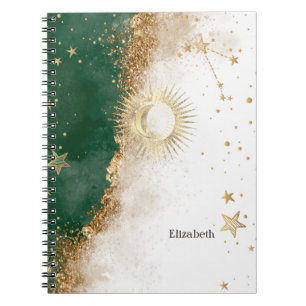Himmlisches Gold Sonne und Mond Sterne Grün Notizblock