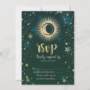 Himmlisches Gold Sonne und Mond Sterne Grün RSVP Einladung