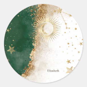 Himmlisches Gold Sonne und Mond Sterne Grün Runder Aufkleber