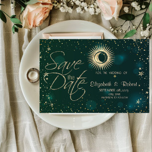 Himmlisches Gold Sonne und Mond Sterne Grün Save The Date
