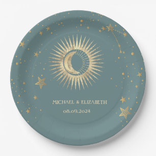 Himmlisches Gold Sonne und Mond Sterne Mintgrün Pappteller
