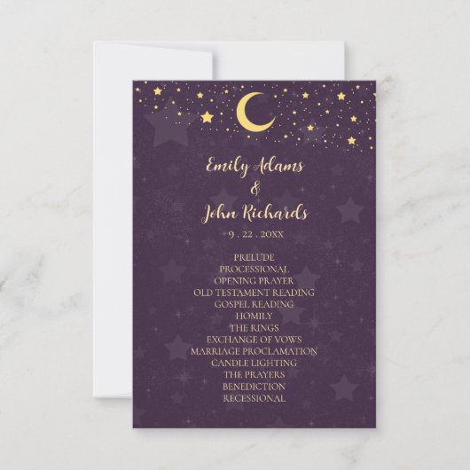 Himmlisches lila Hochzeitsprogramm Sterne und Mond (Vorderseite)