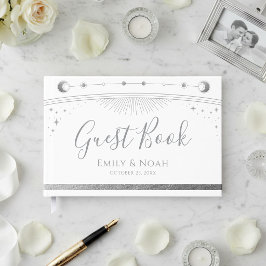 Himmlisches Weiß Silber Sonne Mond Sterne Hochzeit Gästebuch