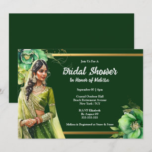 Hindi-Indianerbraut dunkelgrünes Brautparty Einladung