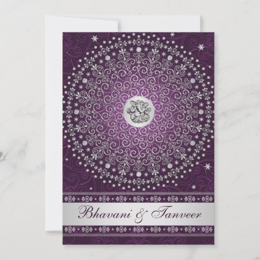 Hindische Ganesh lila silberne Rolle-Hochzeit Einladung (Vorderseite)