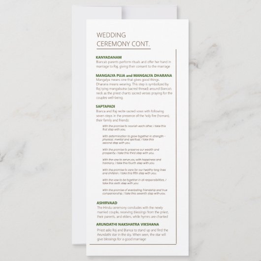 HINDU CEREMONY WEDING PROGRAMM (Rückseite)
