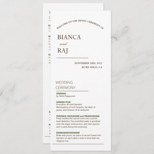 HINDU CEREMONY WEDING PROGRAMM (Vorne/Hinten)