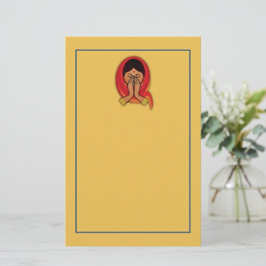 Hindu Frau mit Kopf Scarf Gruß in Namaste Briefpapier (Stehend Vorderseite)