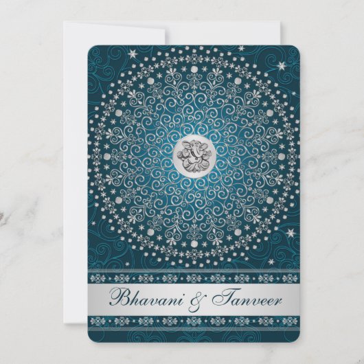 Hindu Ganesh Aquamarin, Silver Scrolls Wedding Inv Einladung (Vorderseite)