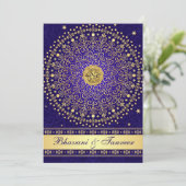 Hindu Ganesh Blue Gold Scrolls Wedding Einladung 2 (Stehend Vorderseite)