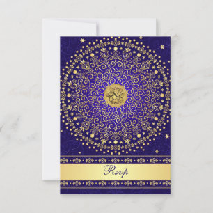 Hindu Ganesh Blue Gold Scrolls Wedding RSVP Card Karte