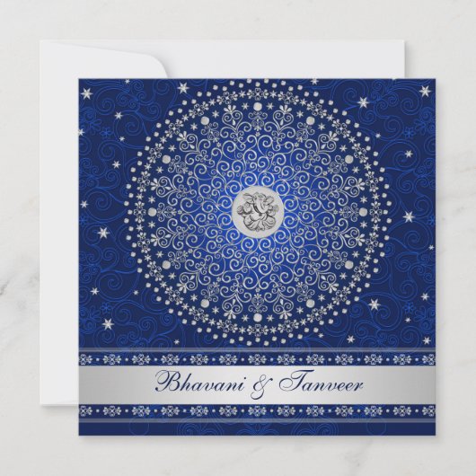 Hindu Ganesh Blue Silver Scrolls Wedding Einladung (Vorderseite)