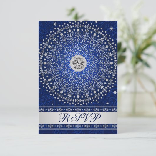 Hindu Ganesh Blue Silver Scrolls Wedding RSVP Card (Stehend Vorderseite)