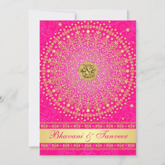 Hindu Ganesh Pink, Gold Scrolls Wedding Einladung (Vorderseite)
