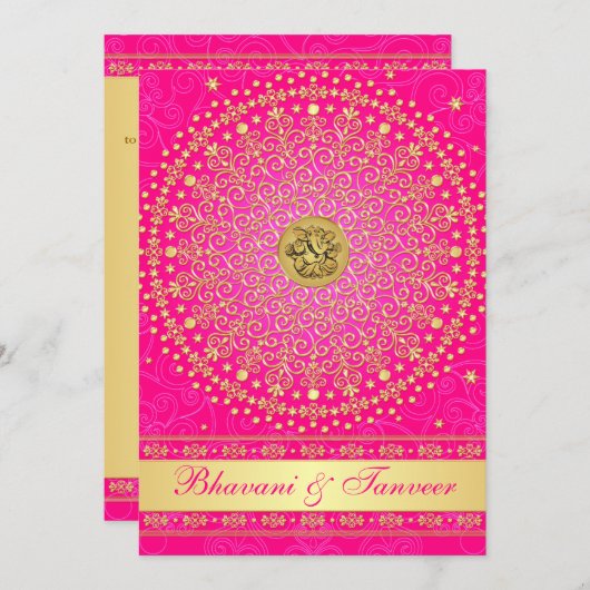 Hindu Ganesh Pink, Gold Scrolls Wedding Einladung  (Vorne/Hinten)