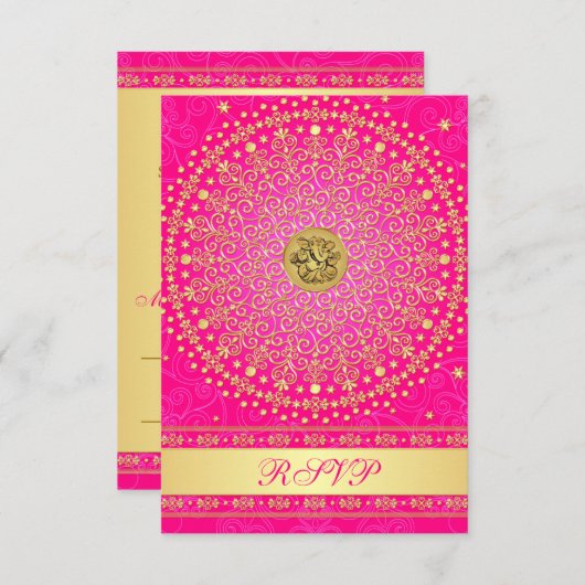 Hindu Ganesh Pink, Gold Scrolls Wedding RSVP Card (Vorne/Hinten)