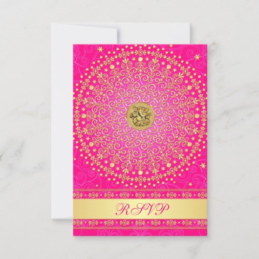 Hindu Ganesh Pink, Gold Scrolls Wedding RSVP Card Karte (Vorderseite)