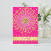 Hindu Ganesh Pink, Gold Scrolls Wedding RSVP Card Karte (Stehend Vorderseite)