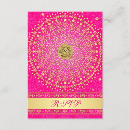 Hindu Ganesh Pink, Gold Scrolls Wedding RSVP Card Karte (Vorderseite)